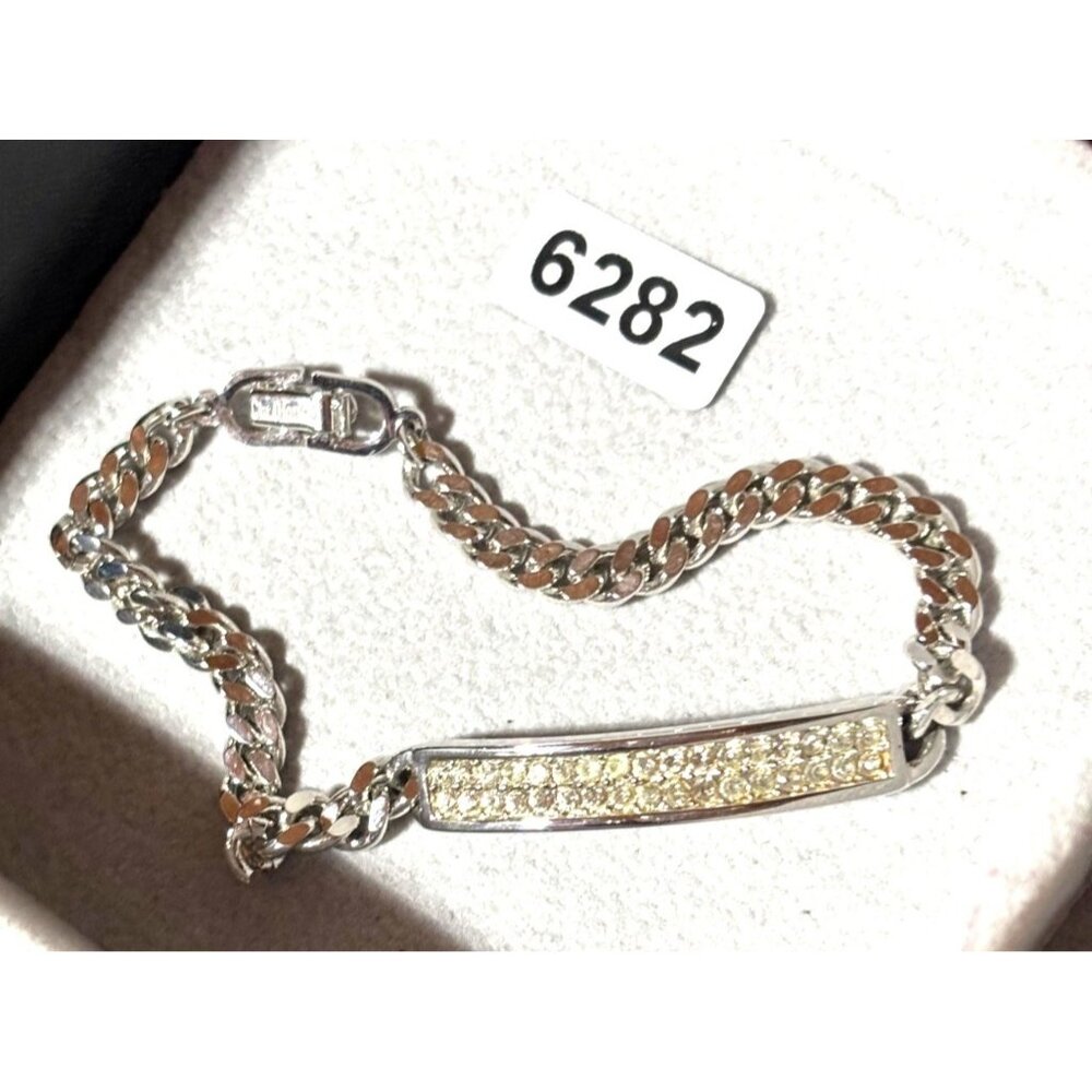 Christian Dior Silver-Tone Chain Bracelet With Crystal Embellished Bar & Secure - Picture 5 of 11